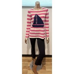 $120 Hannah Rose Pink White Stripe Crew Neck Cashmere Sweater Sail Boat Theme/ S